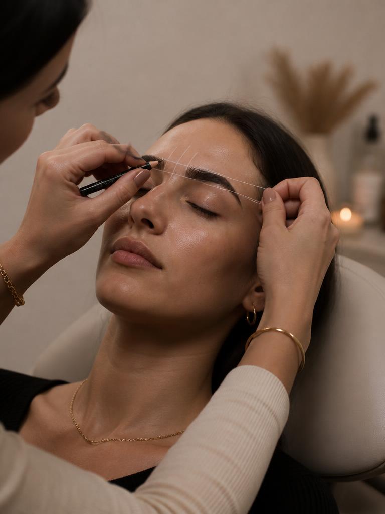 A brow artist shaping a client's brow