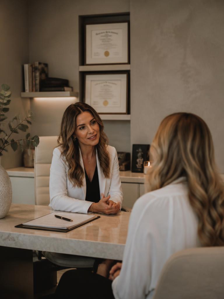 A practitioner talking with a client in a calm clinic